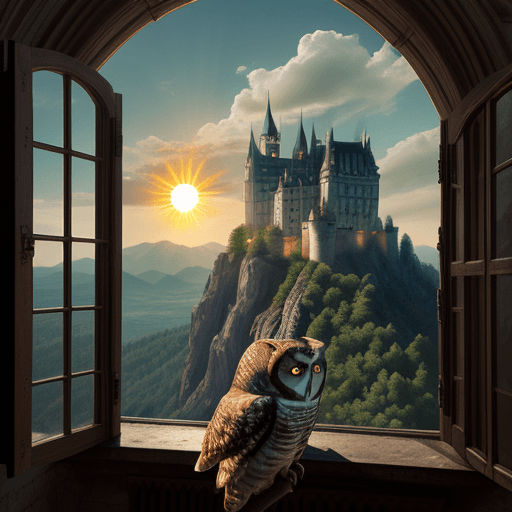AI generated: human body, owl head, castle, window, sun, plain, mountain, cloud