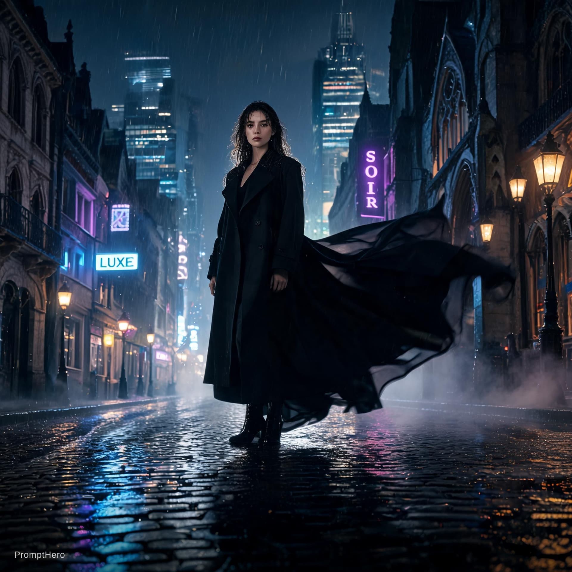 AI generated: een elegante eenzame vrouw die midden op een regenachtige futuristische Europese stadsstraat staat t...
