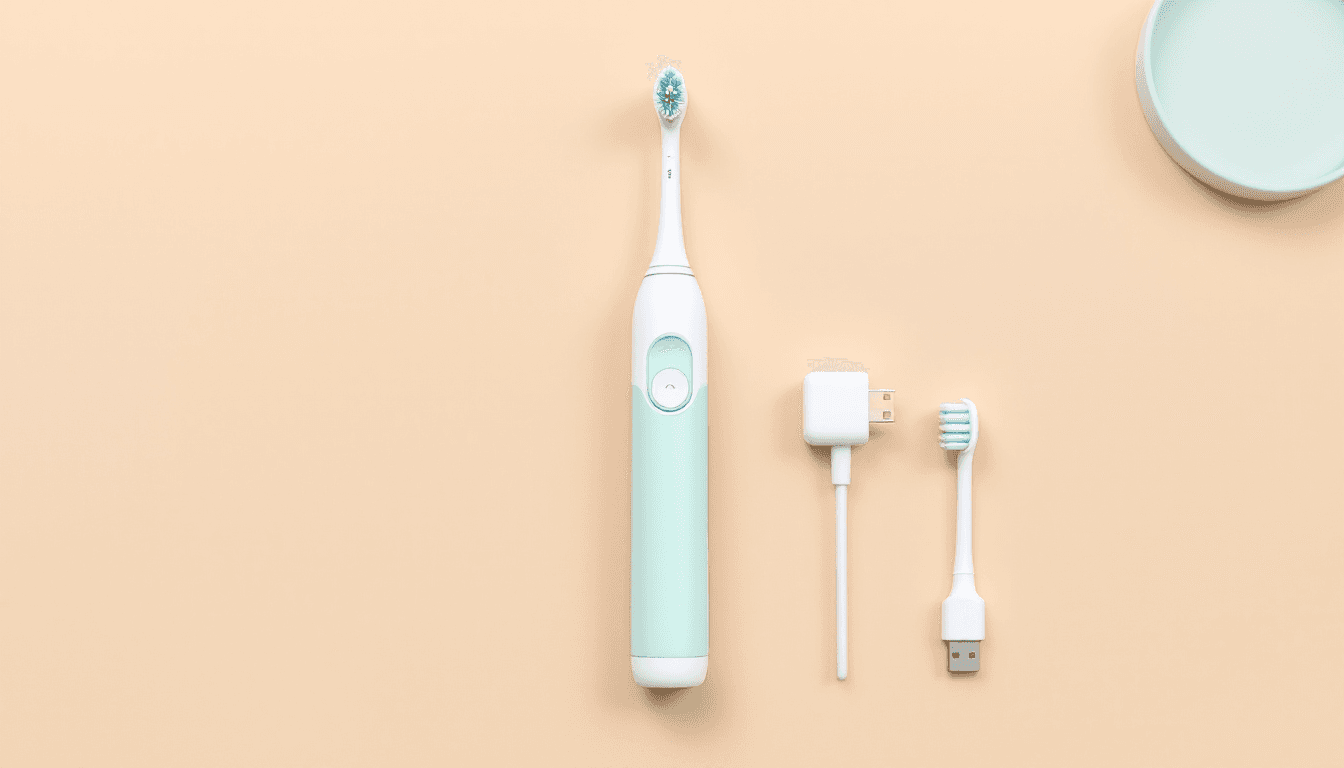 AI generated: Electric toothbrush, minimalist design, white and teal color scheme, USB charging cable, replacement...