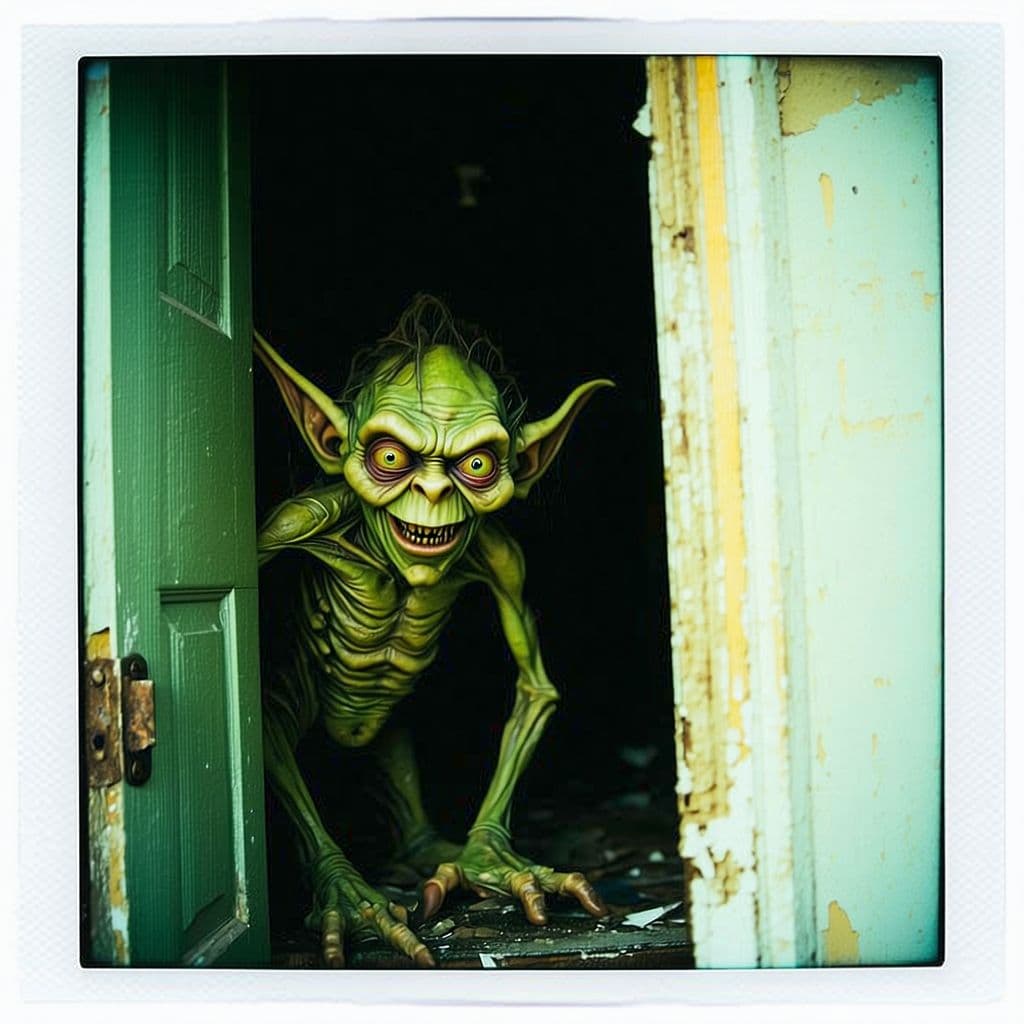 AI generated: grainy 80's photograph quality polaroid of a goblin caught in an abandoned house, dark, uncanny