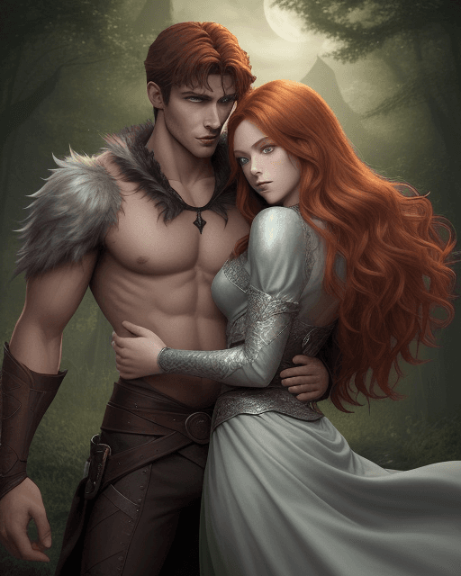 AI generated: a book cover for a werewolf romance fantasy story with a girl with auburn hair and green eyes fair s...