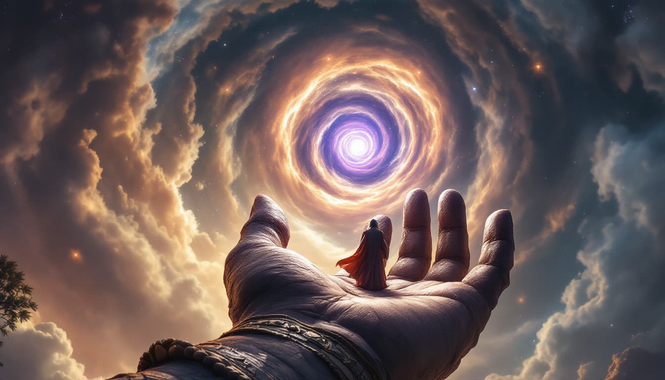 AI generated: A View from the Hand of a Colossal Stone Guardian
The camera looks up from the palm of a gigantic st...