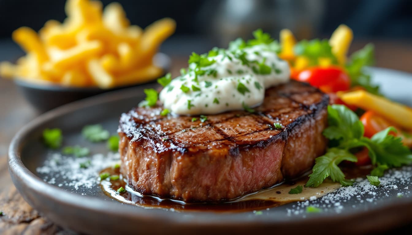 AI generated: a high-resolution photo of a steak dish with intricate plating, capturing the vibrant colors and tex...