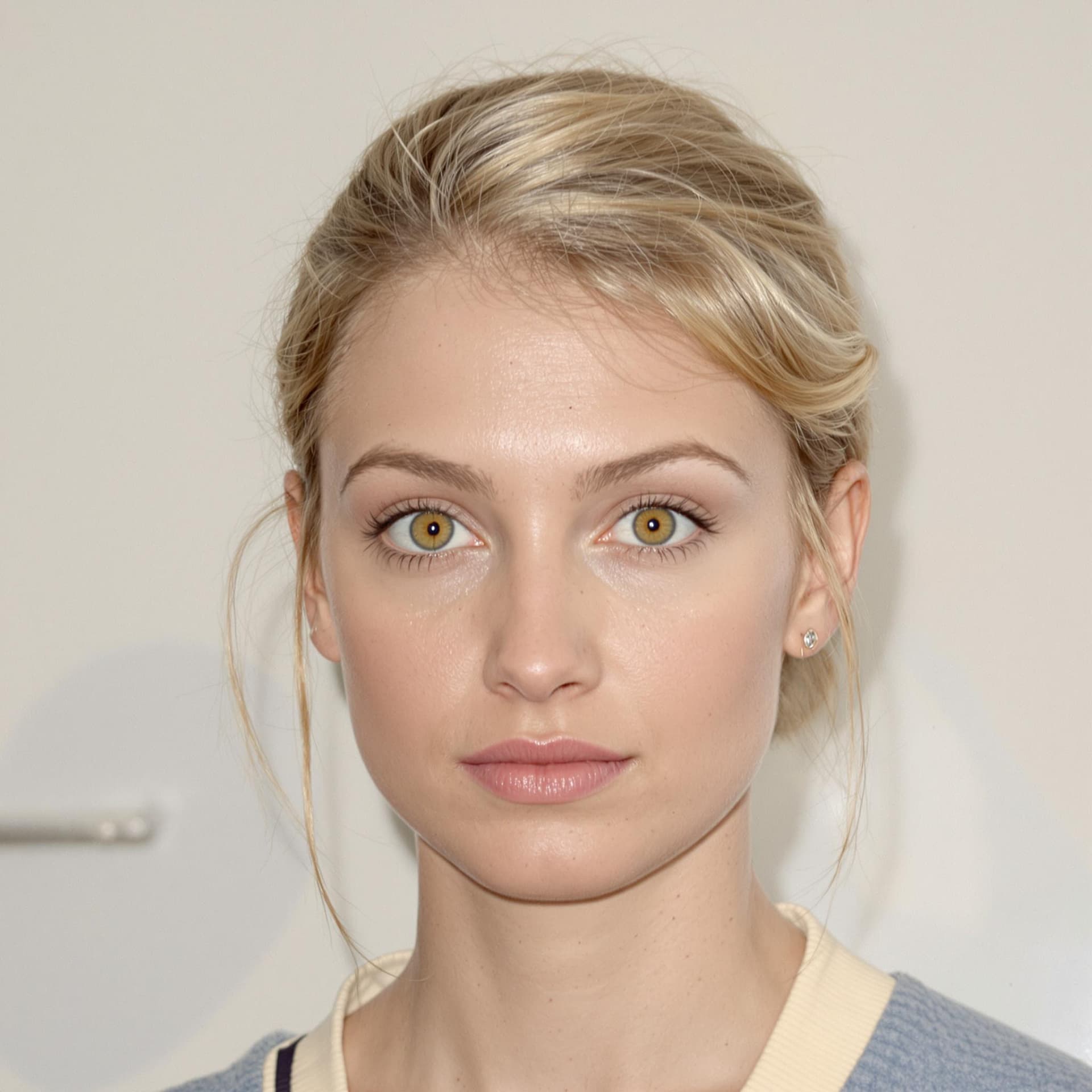 AI generated: A Real photograph of a blond women in her 20s, her hair is short with a small bun. She has yellow ey...