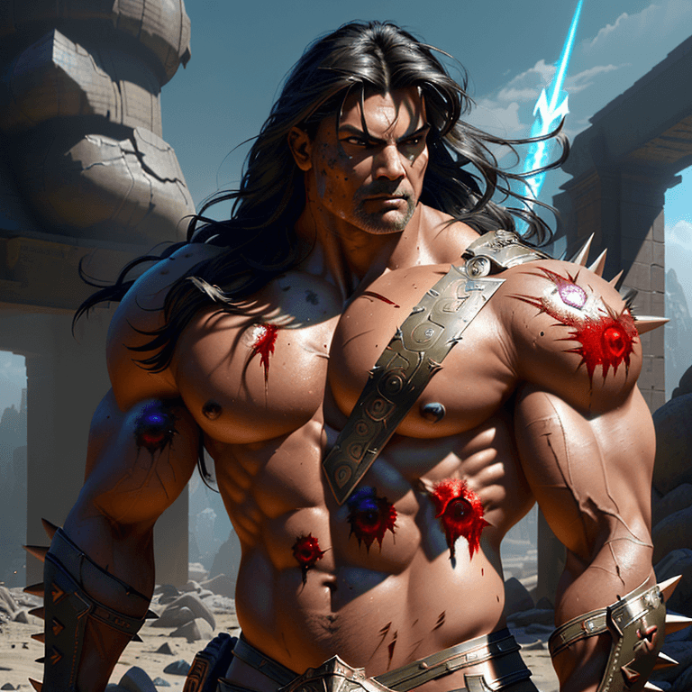 AI generated: the most strongest powerful warrior in the universe, epic, muscular, olive smooth tan skin, long mes...