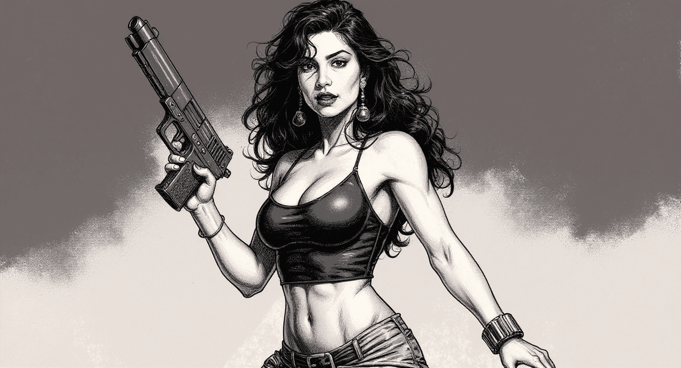 AI generated: Comic book cover illustration, full body shot of young beautiful Latin American woman, top model fac...