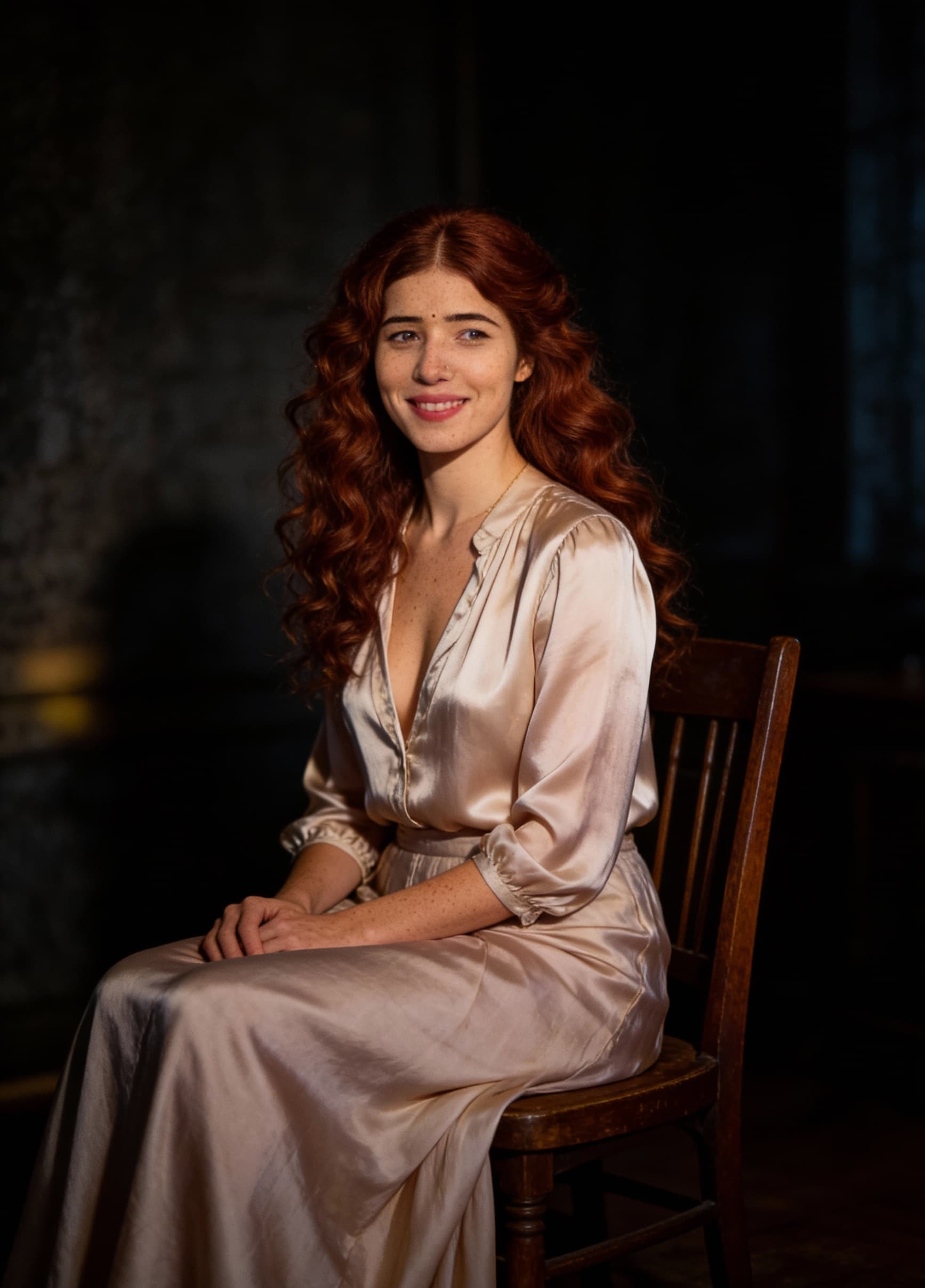AI generated: A cinematic HDR photograph captures a woman seated calmly on a wooden chair in a dimly lit room, her...