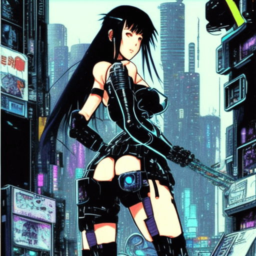 AI generated: cyberpunk woman, black hair, cyborg, dark background, anime90s, anime80s, gosth in th shell, retro f...