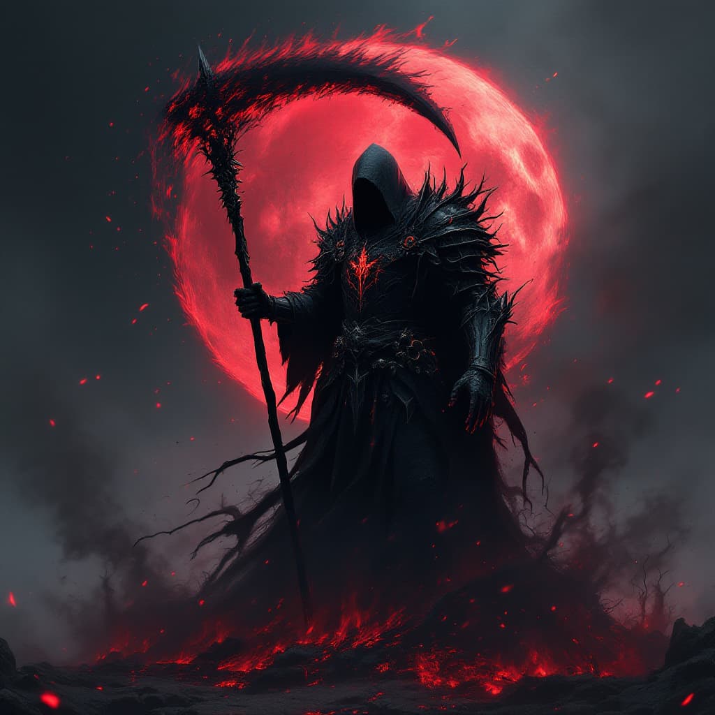 AI generated: powerful black flames, a black-robed knight carrying a large scythe merged with the flames, hands ou...