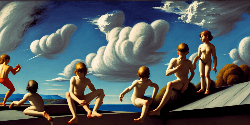 AI generated: neo rauch, edward hopper, david hockney, children playing on rooftop, people looking to horizon, epi...