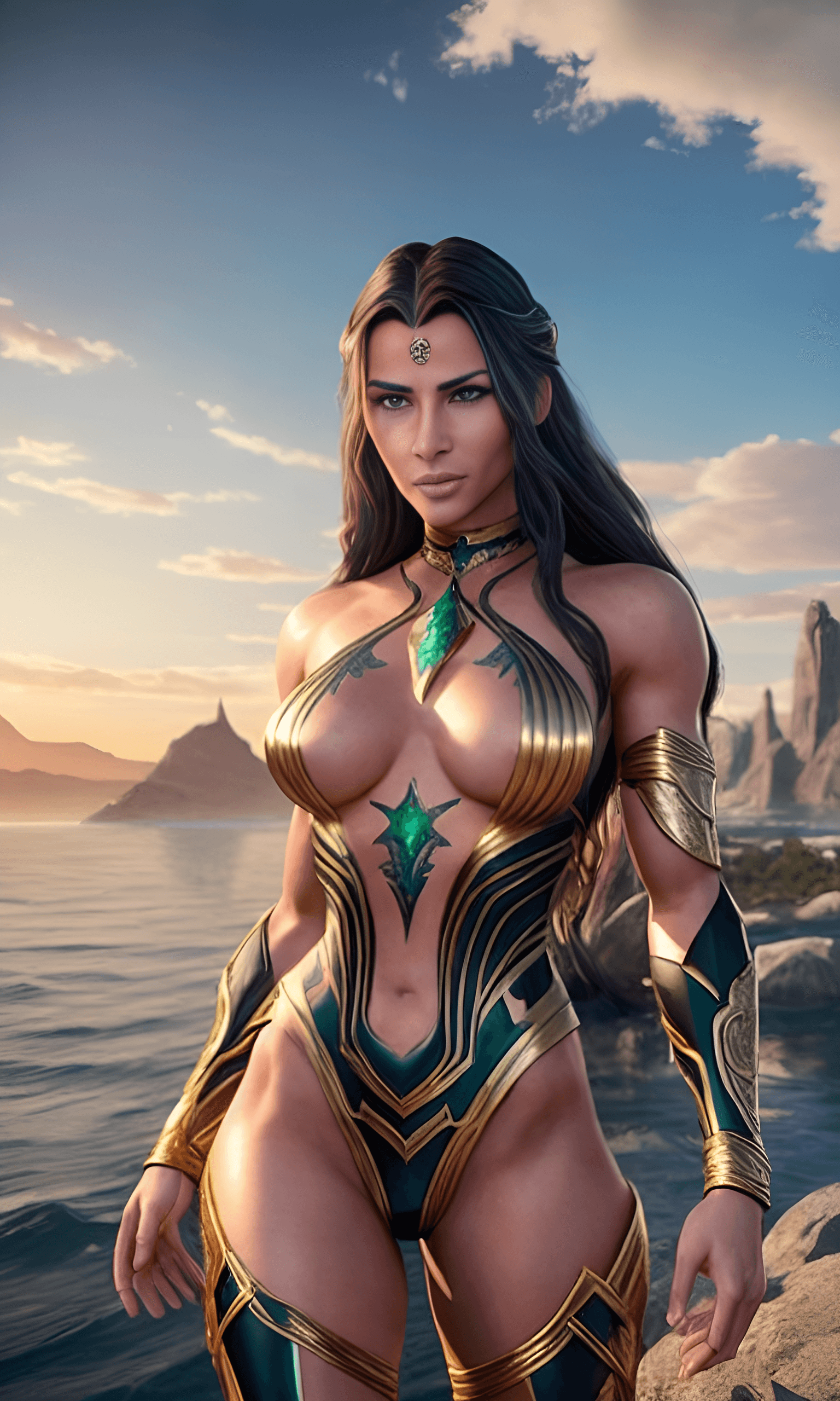 AI generated: A beautiful stunning cosmic ancient atlantean ethereal goddess, long flowing hair, muscular, gold gl...