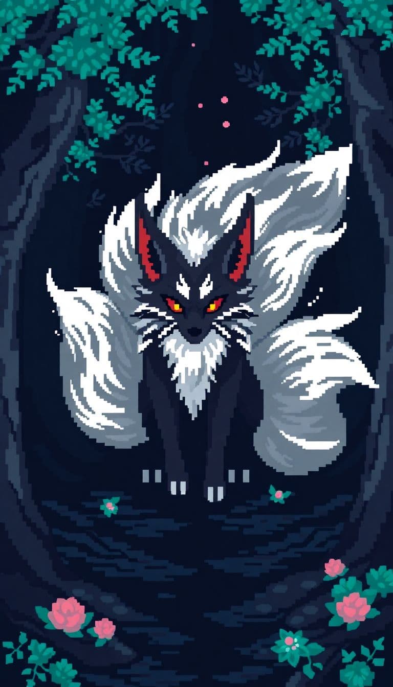 AI generated: Creating art using pixels japanese fox spirit yokai with nine tails in a dark forest. often in a ret...