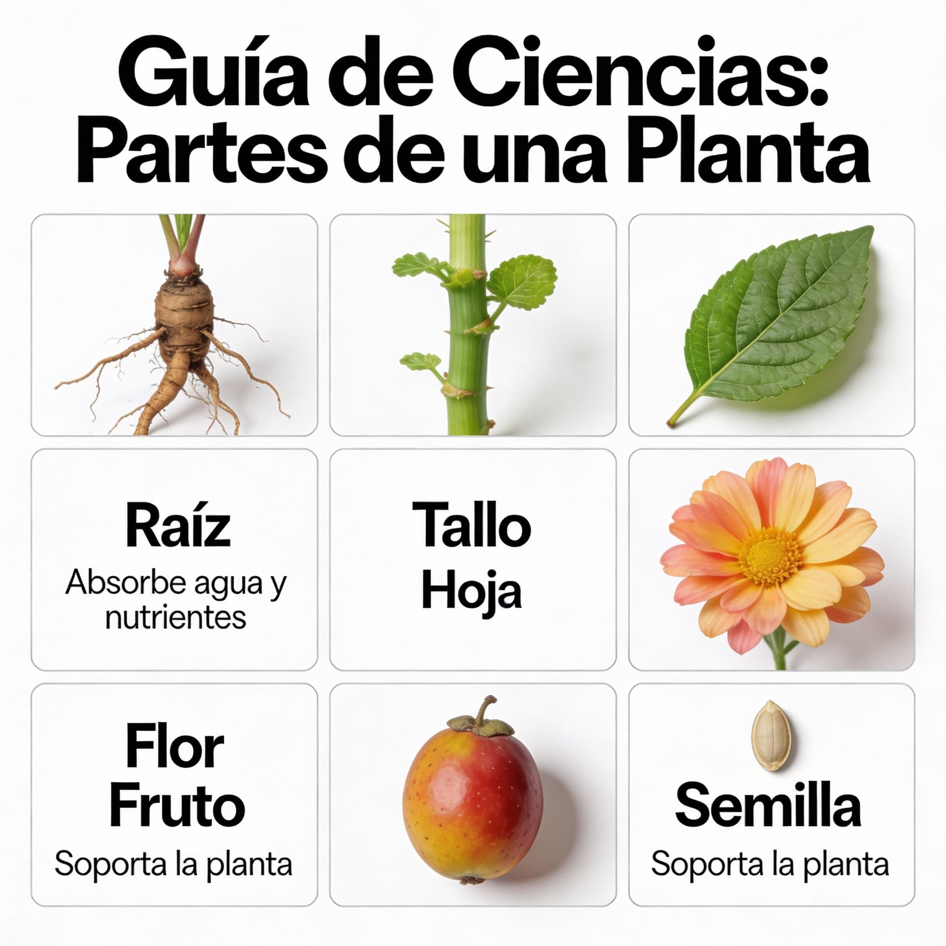 AI generated: necesito una guia de ciencias de las partes de una planta de tercero basico, con imagenes reales no ...