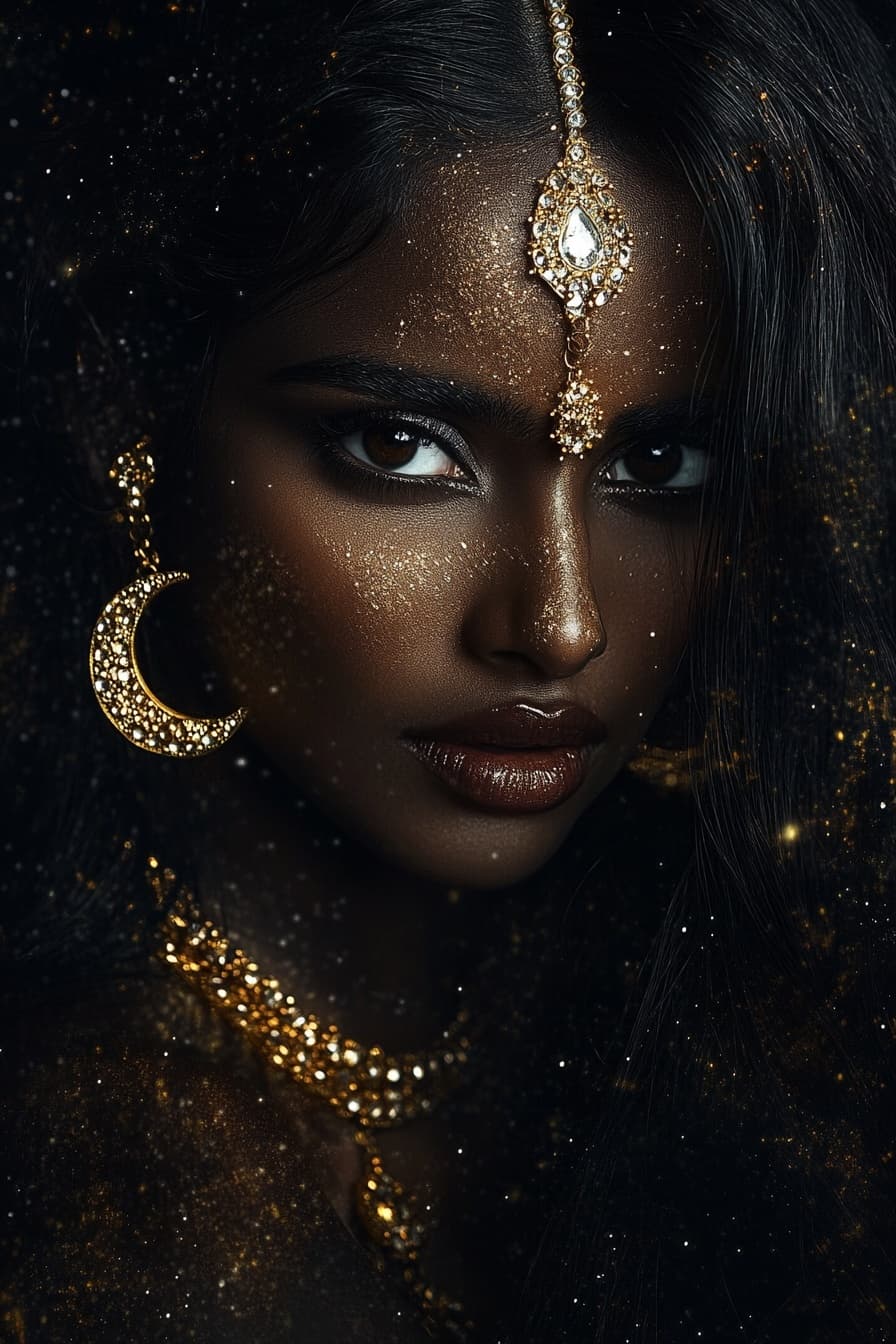 AI generated: Hyperrealistic portrait of a breathtakingly beautiful South Indian woman in her 30s, long black hair...