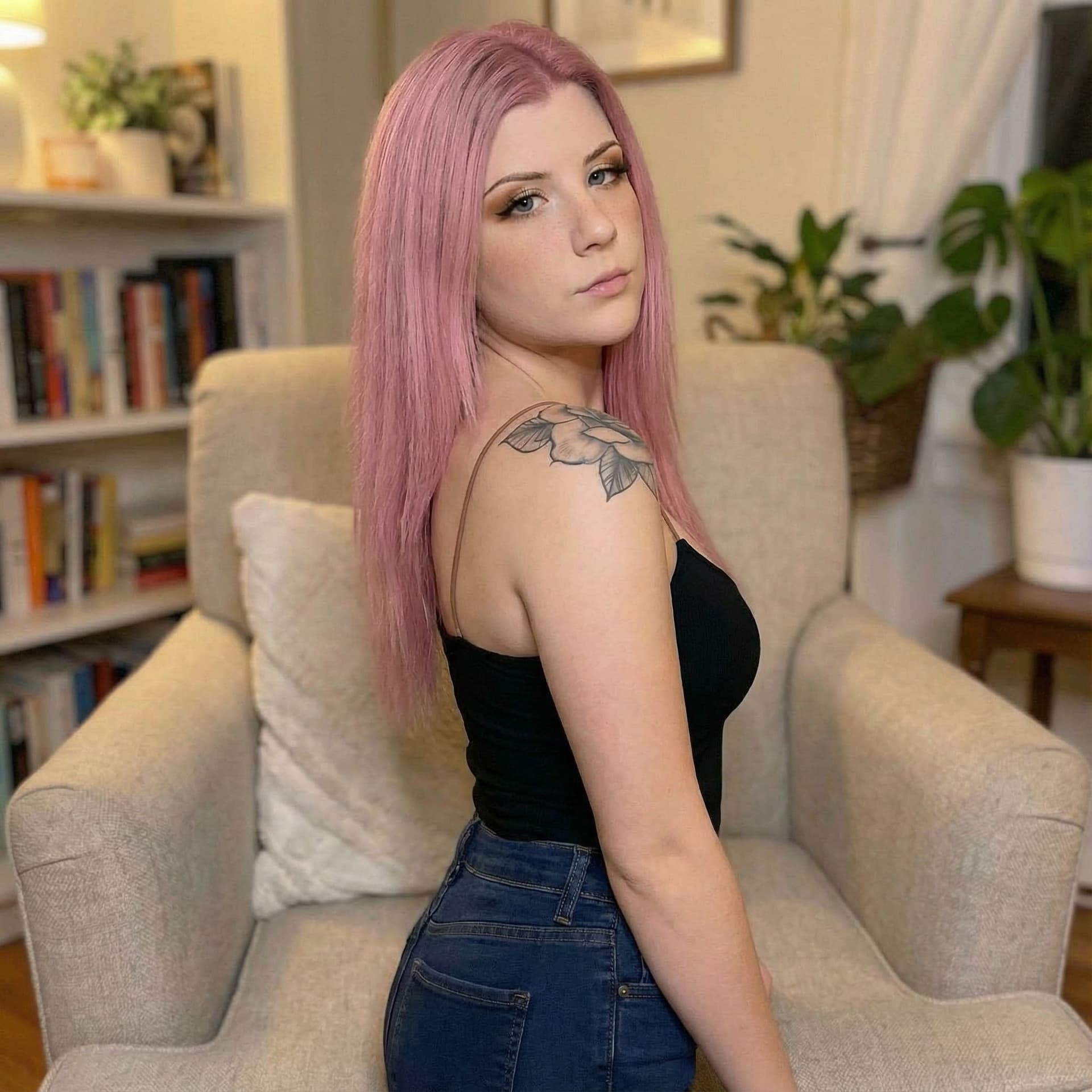 AI generated: make her stand up sideways, keep original face, do not alter her face