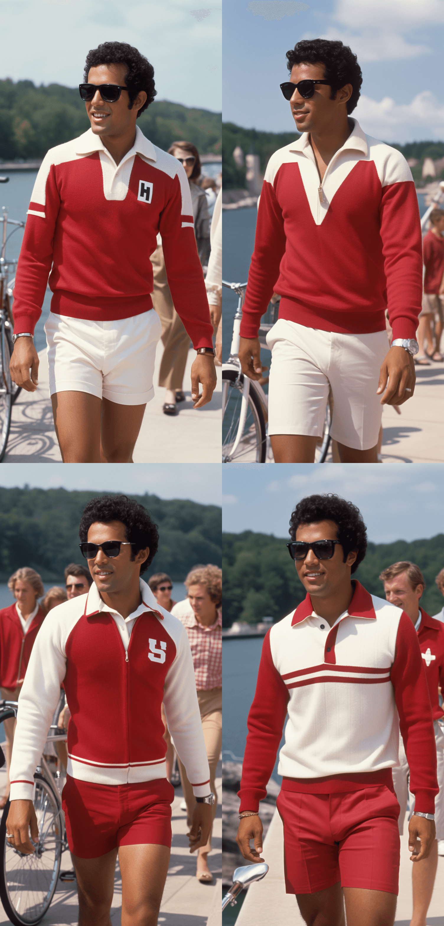 AI generated: vintage photo of a handsome black man wearing white and red sports shorts, taken in the year 2034 at...
