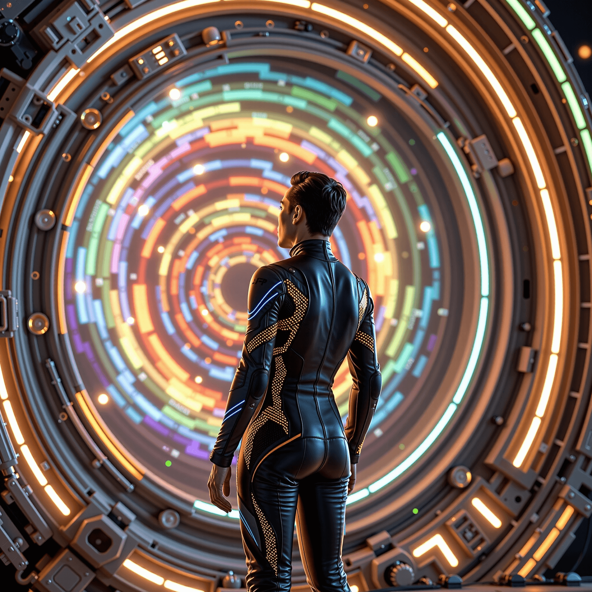 AI generated: A hyper-realistic photo of a time traveler standing at the edge of a glowing portal, gazing into a s...