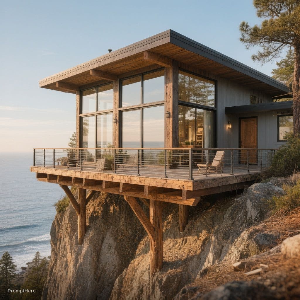 AI generated: una casa minimalista rectangular con ventanales grandes de piso al techo, con una terraza con vista ...