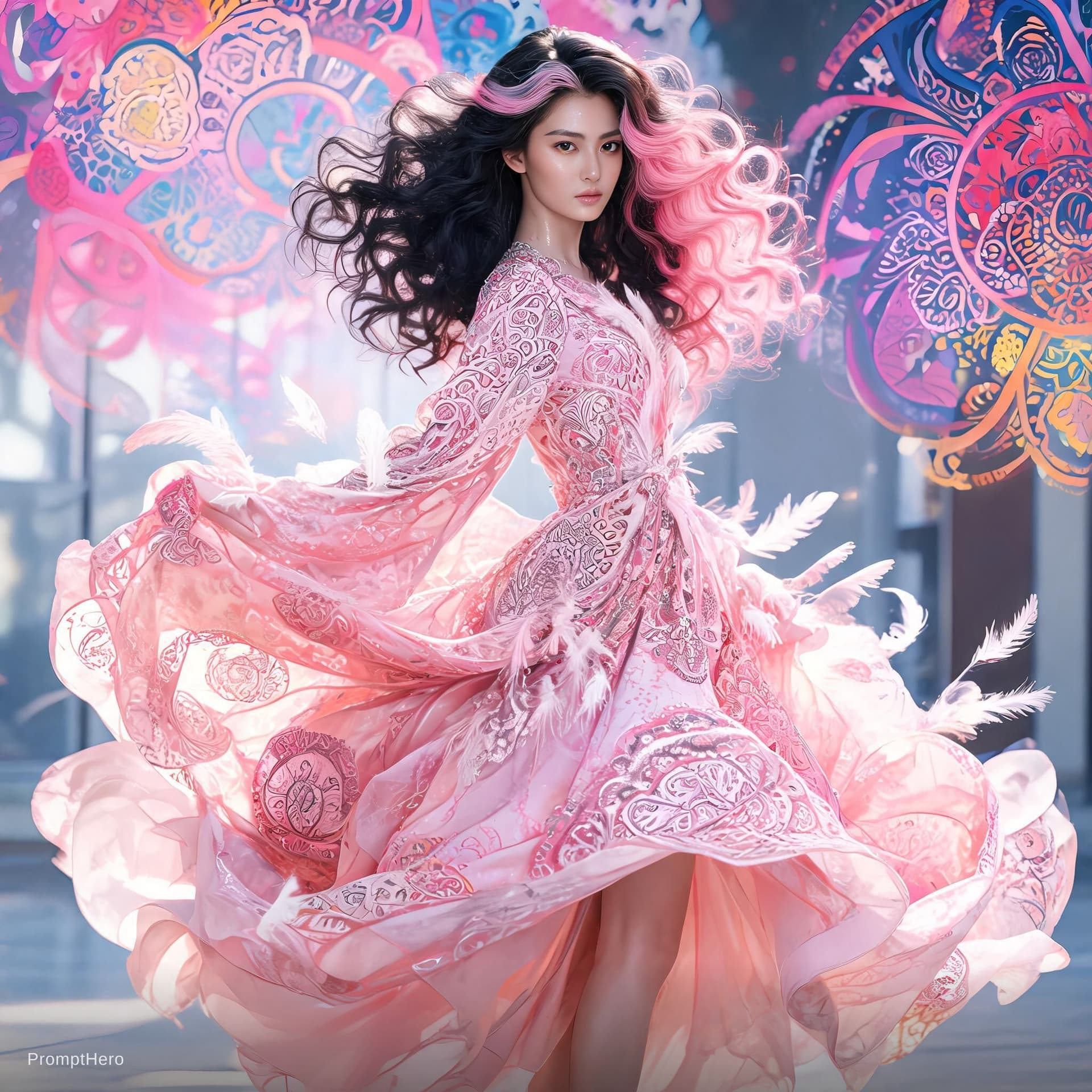 AI generated: erjie, <lora:Threesister-erjiev2:0.2>,girl in a fluid and dynamic pose, wearing a loose, flowing pin...
