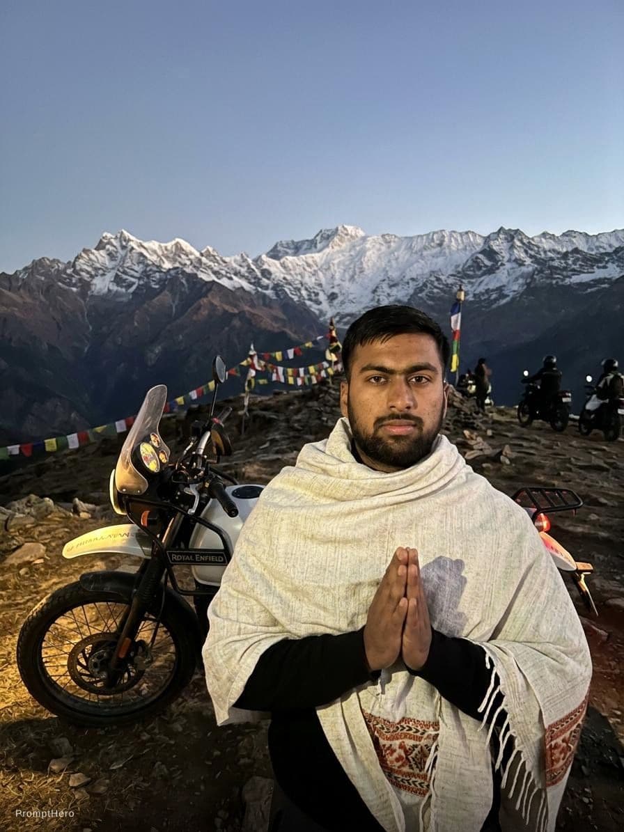 AI generated: On the top of the mountain behind Himalayan bike 
