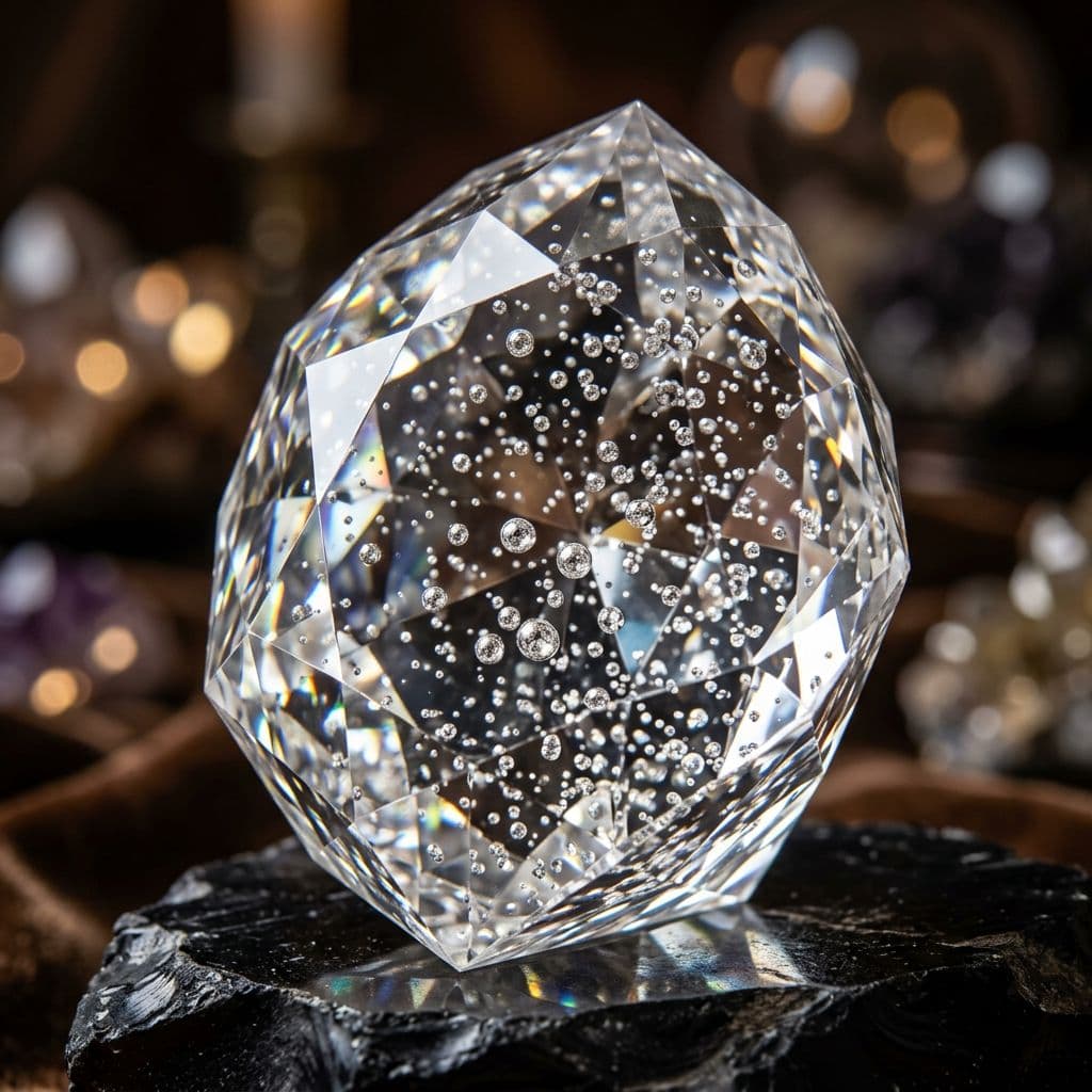AI generated: a brilliant crystal made of diamond with mini bubbles of platinum through out 