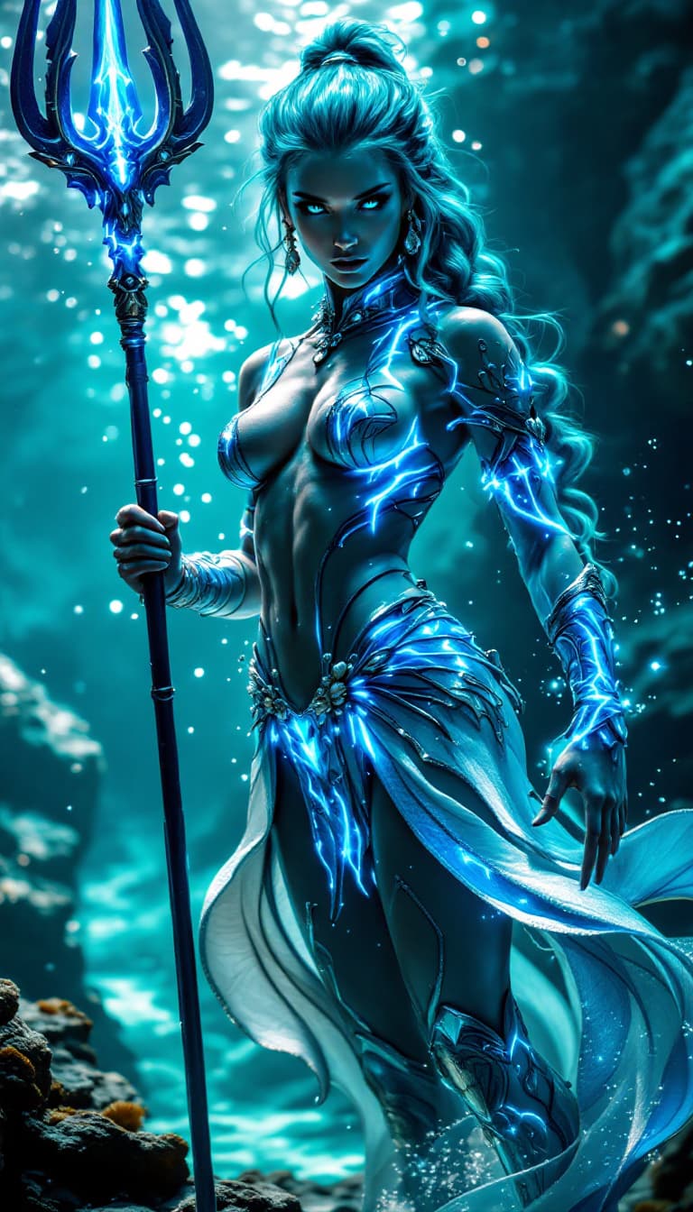 AI generated: An ultra-realistic, full-body action shot of a mesmerizing cyan sea warrior, exuding power and ocean...