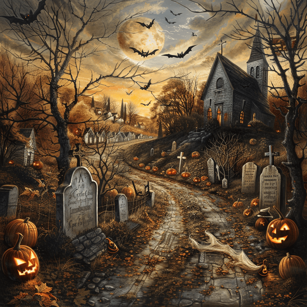 AI generated: a lonely stretch of road overlooks a vacant cemetary. long twisting trees cast shadows over the grav...