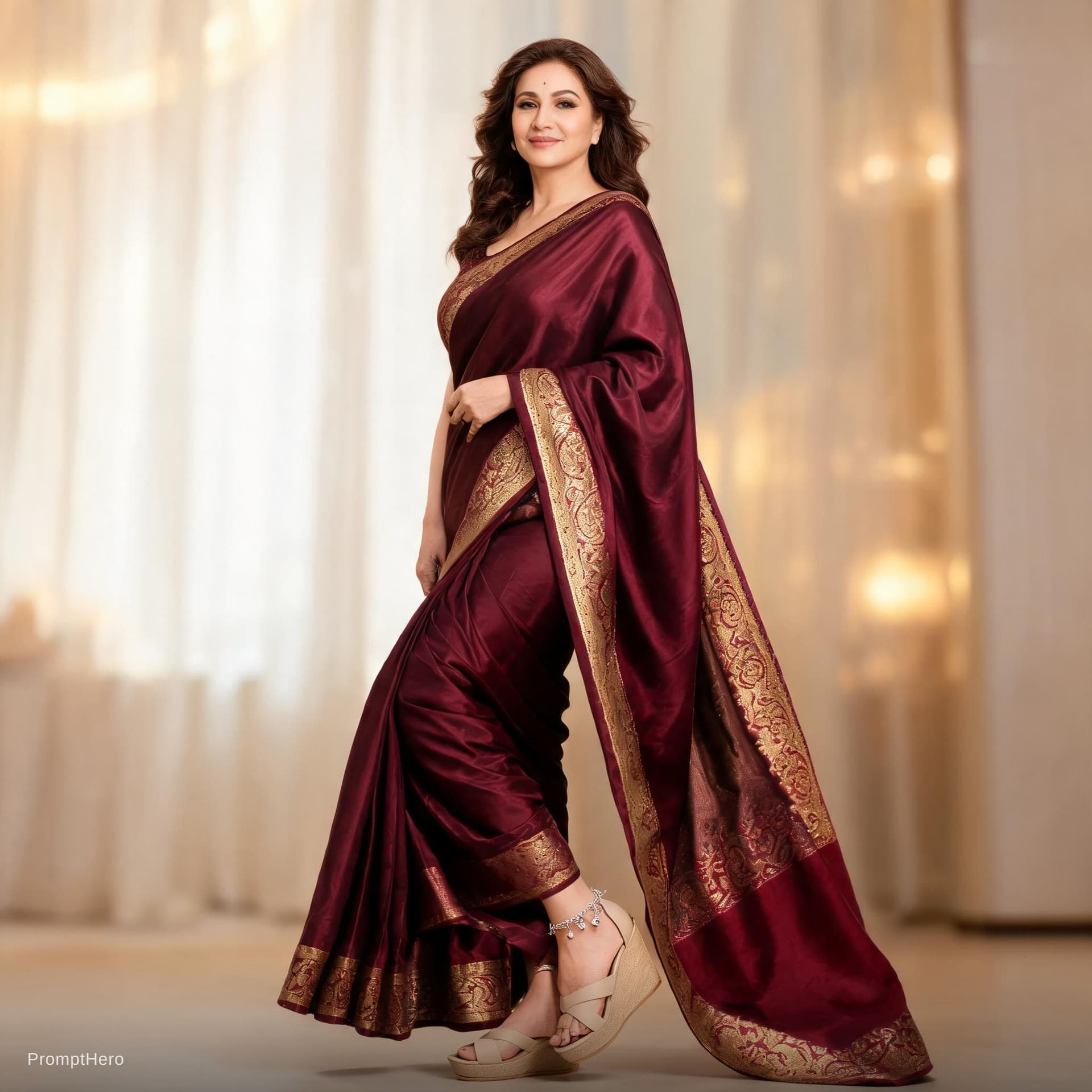 AI generated: Hot sexy curvy Indian women in saree wearing wedge heels and anklet 
