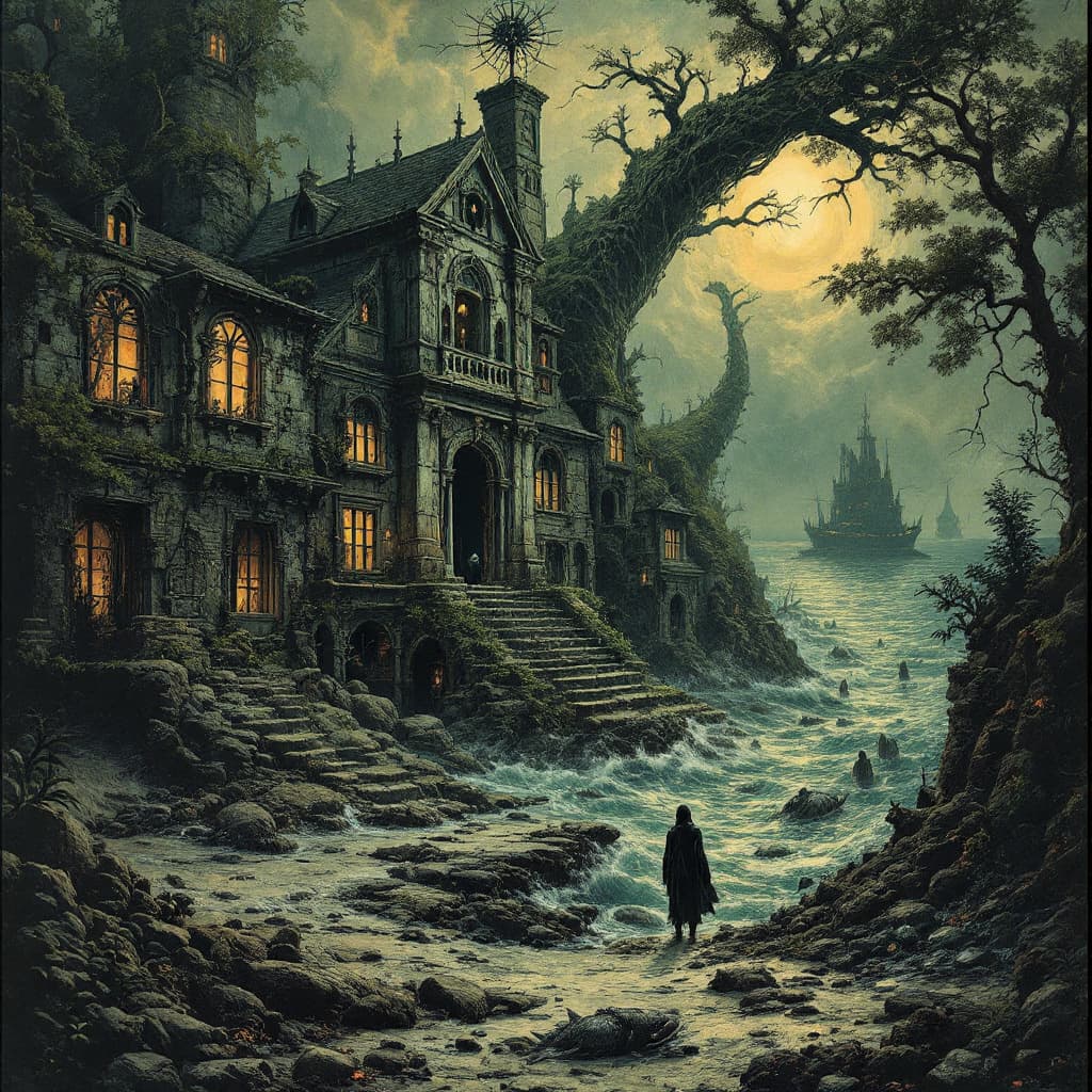 AI generated: Innsmouth, Coastal, Decaying architecture, Uncanny horror, Fish-like inhabitants, Cosmic horrors, Ma...