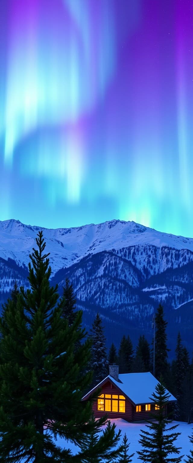 AI generated: A breathtaking view of snow-capped mountains beneath a vibrant aurora borealis. The sky is illuminat...