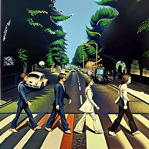 AI generated: Mr. Darcy and Elizabeth walking away from each other of Abbey Road