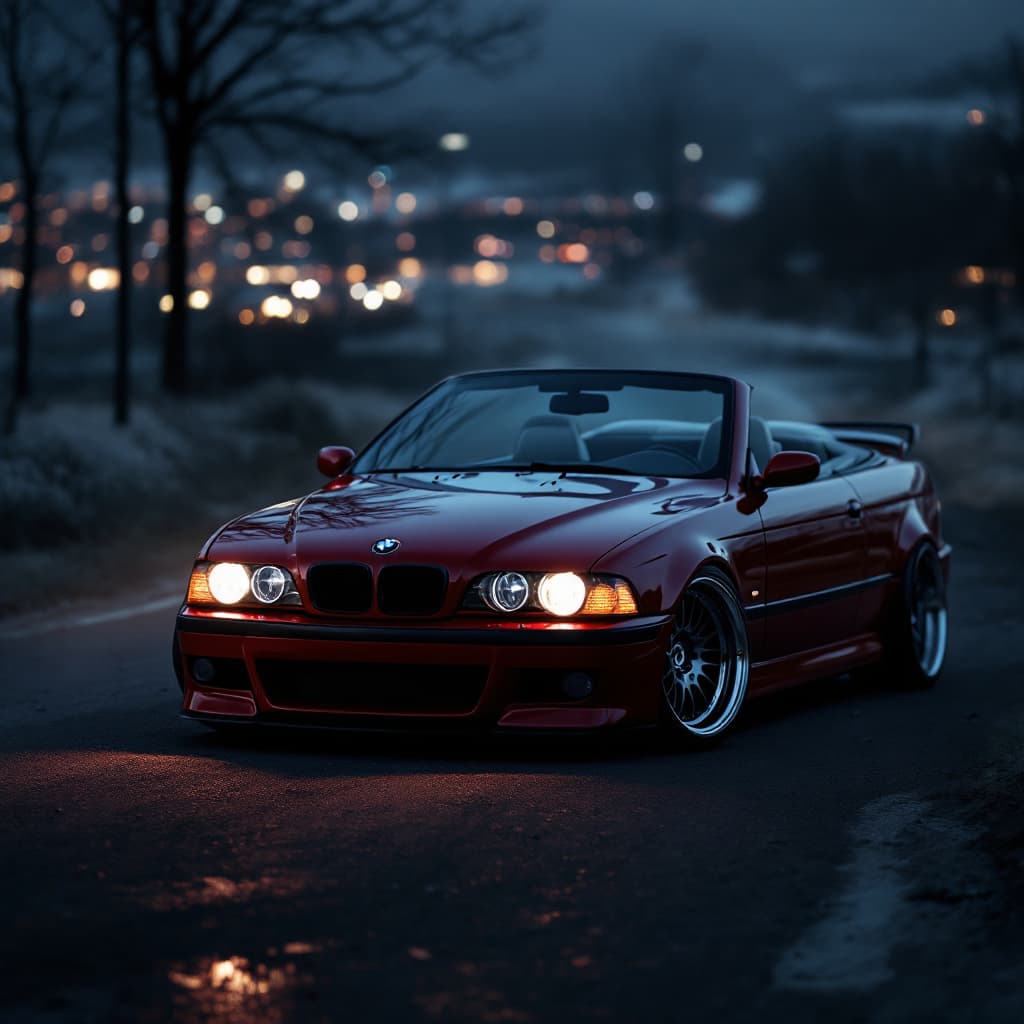 AI generated: dark red bmw e39 M5 convertible, lit angel eyes, cinematic, hyper realism, high detail, 8k, dark eve...