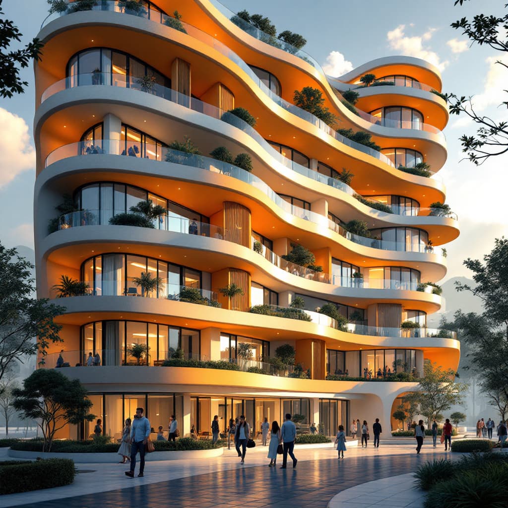 AI generated: 8k ultrarealistic, luxury award-wining apartments, 5 story, vibrant color, curved balconies, indirec...