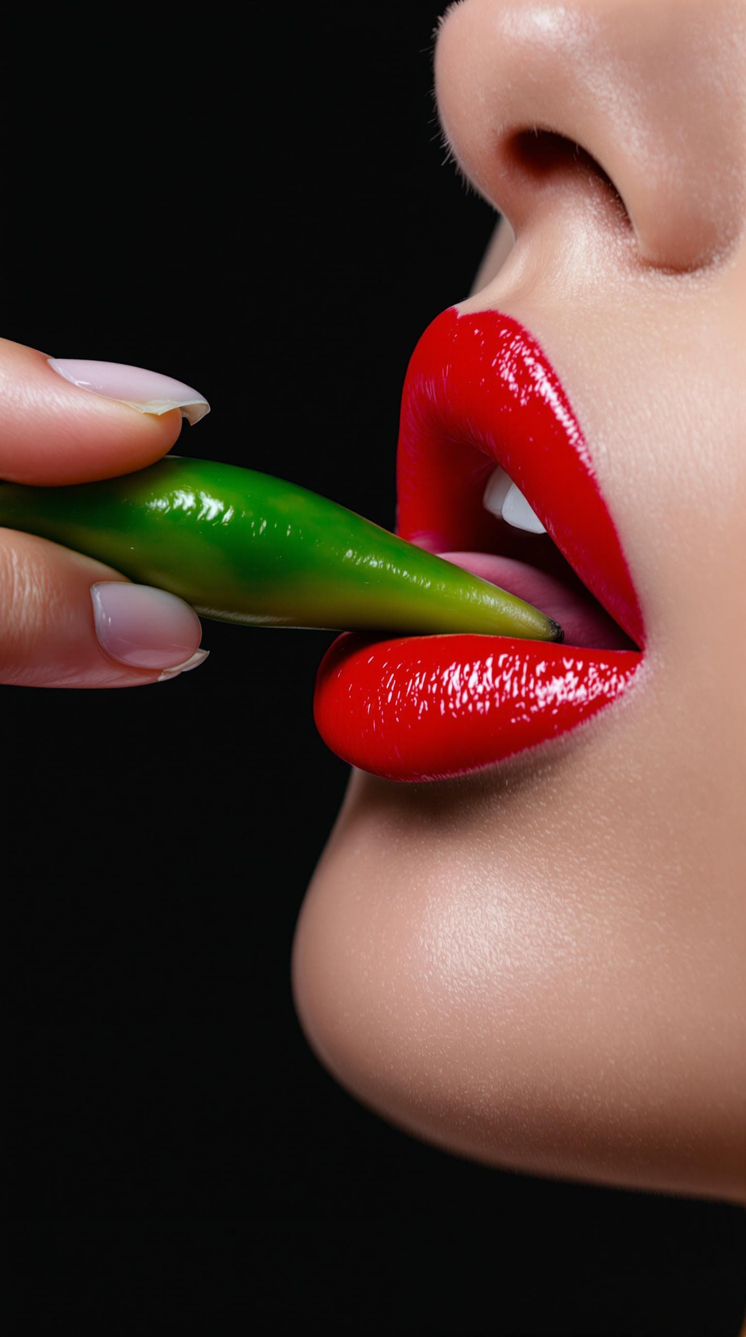 AI generated: Close-up of lips with red lipstick, licking the tip of a green pepper, dark background, beauty photo...