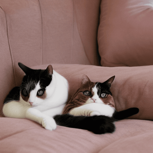 AI generated: Pixar style two cats lounging comfortably on a couch. The dominant color in the image is a soothing ...