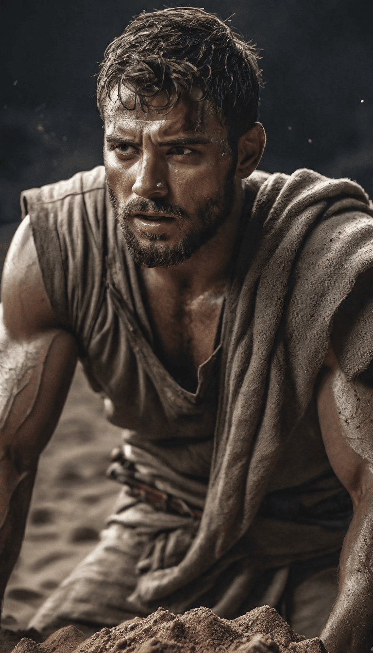 AI generated: Warior kills enemy , stands after the battle, fear and horror on his face, tired and beaten, sand on...
