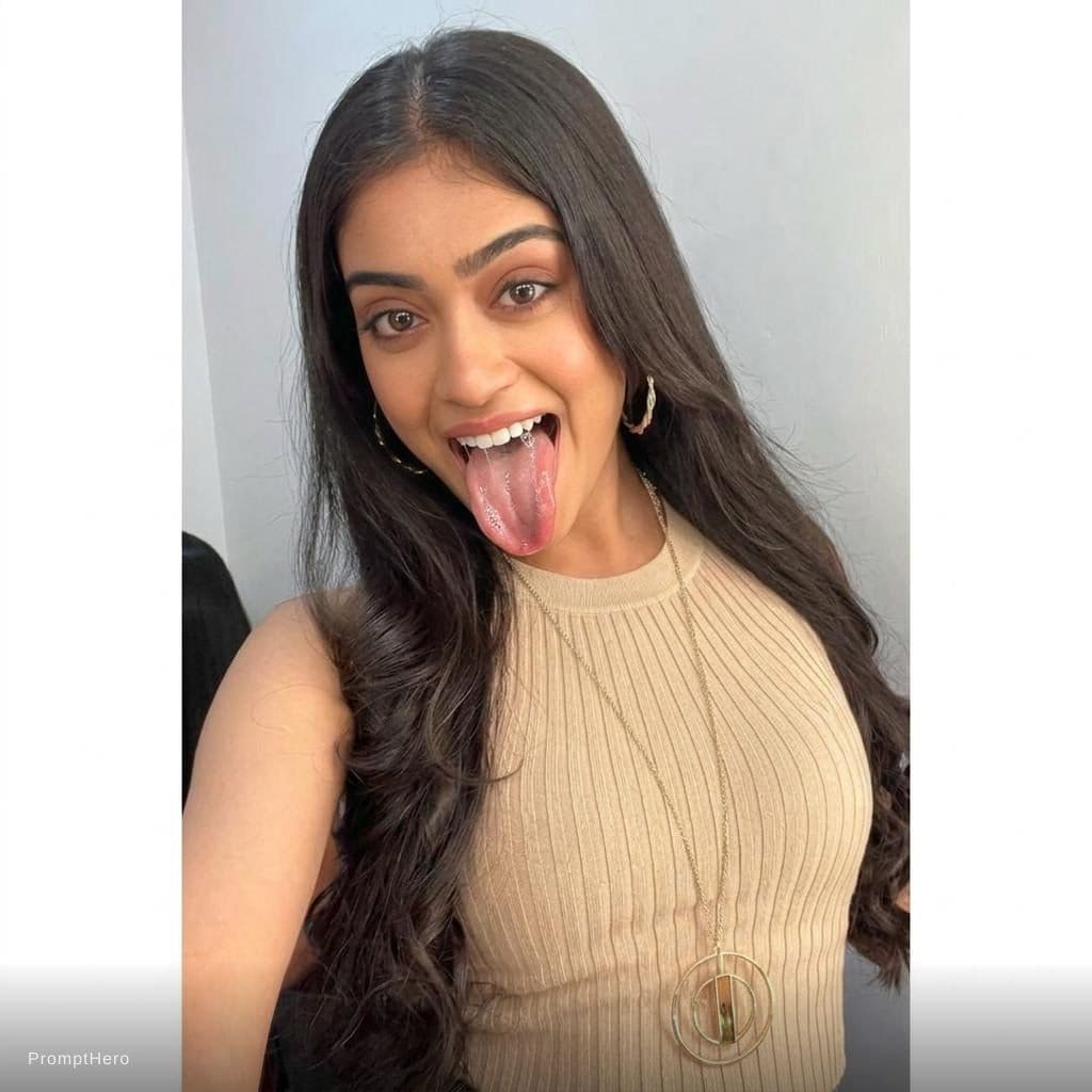 AI generated: Make her tongue out long wide realistic with visible teeth and saliva on tongue but maintaining the ...