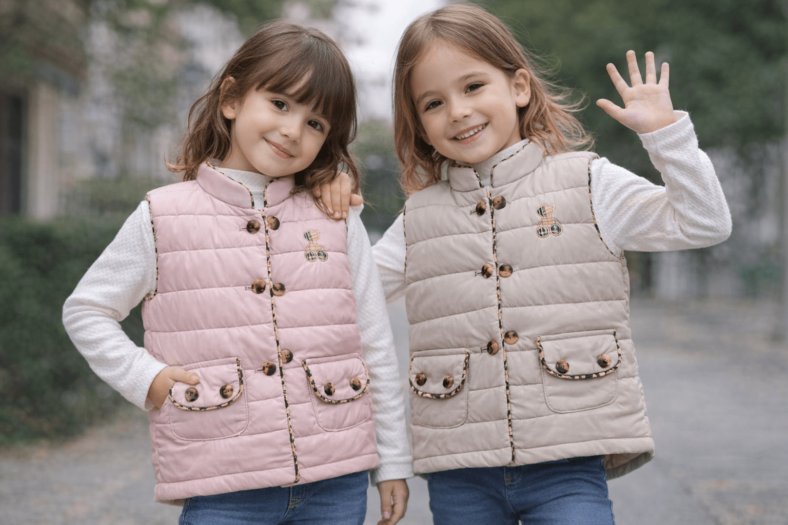 AI generated: A complete image of two girls of 7 years wearing this clothes with different poses