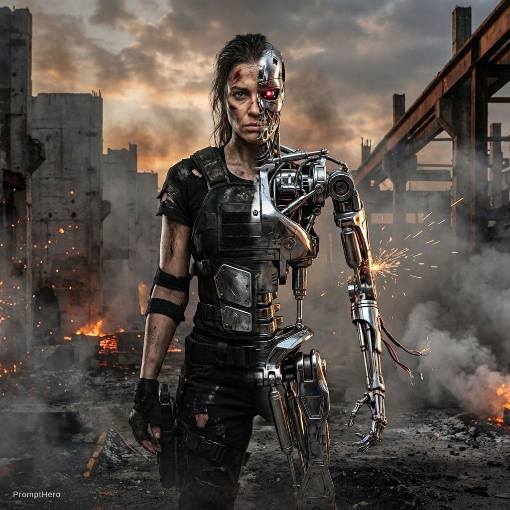 AI generated: Full-body cinematic shot of a battle-damaged female cyborg standing in a scorched wasteland. Her bod...