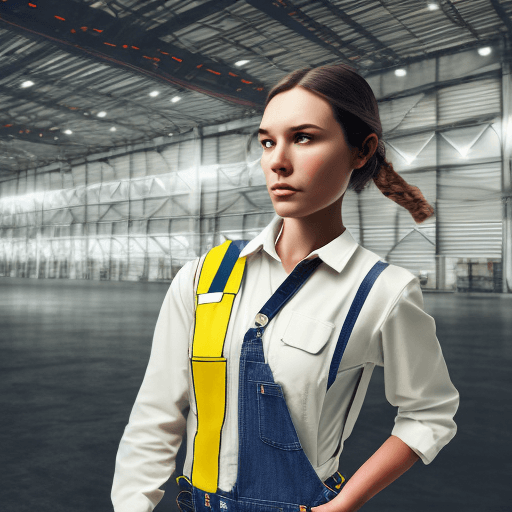 AI generated: girl in a worker suit (tight overalls), realistic style, warehouse, with phone in a hand, sunny weat...