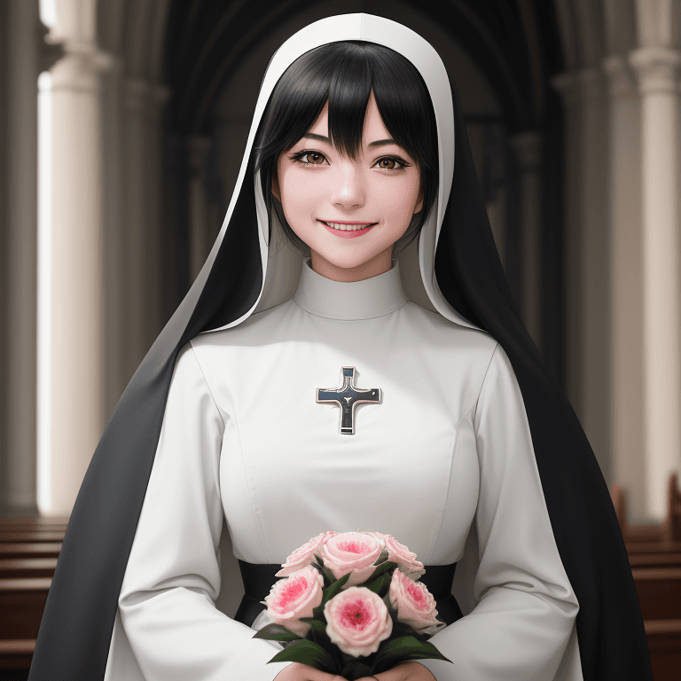 AI generated: rosaria \(genshin_impact\), head shot, 85mm f1.2, smile, upper body, joyful, church, praying, nun, b...