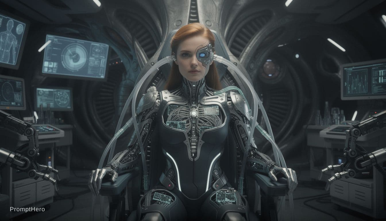 AI generated: A real photorealistic movie scene:A very professional scene in a laboratory:human experiment, ginger...
