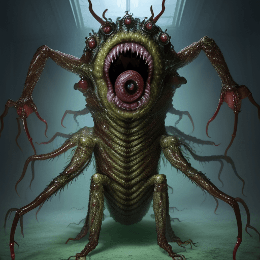 AI generated:  high quality foto of a big transparent monster, 10 legs, 3 arms, slimy, 3 heads with grimaces and b...