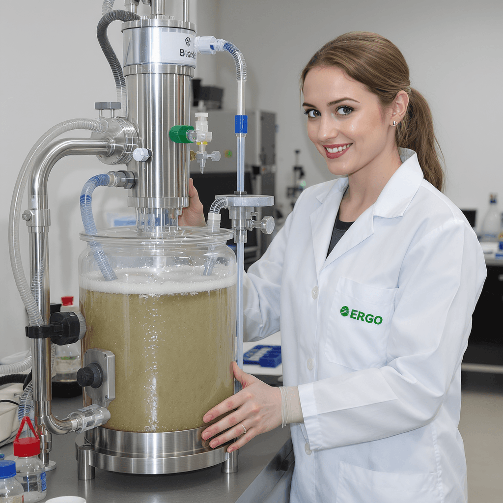 AI generated: A realistic image of a pilot-scale stainless steel bioreactor in operation, containing light brown g...