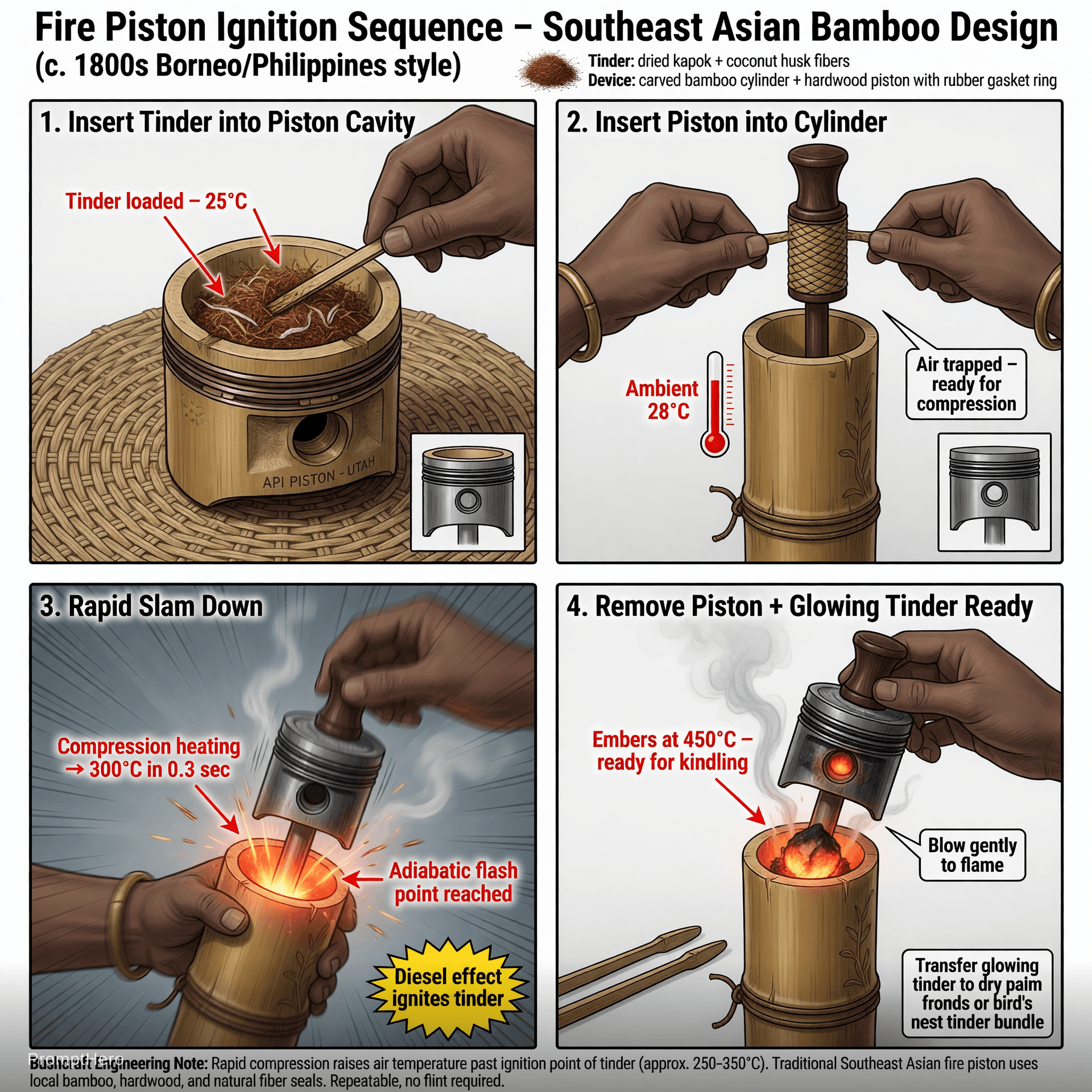 AI generated: Professional technical sequence illustration showing the 4 steps of using a fire piston, clean engin...
