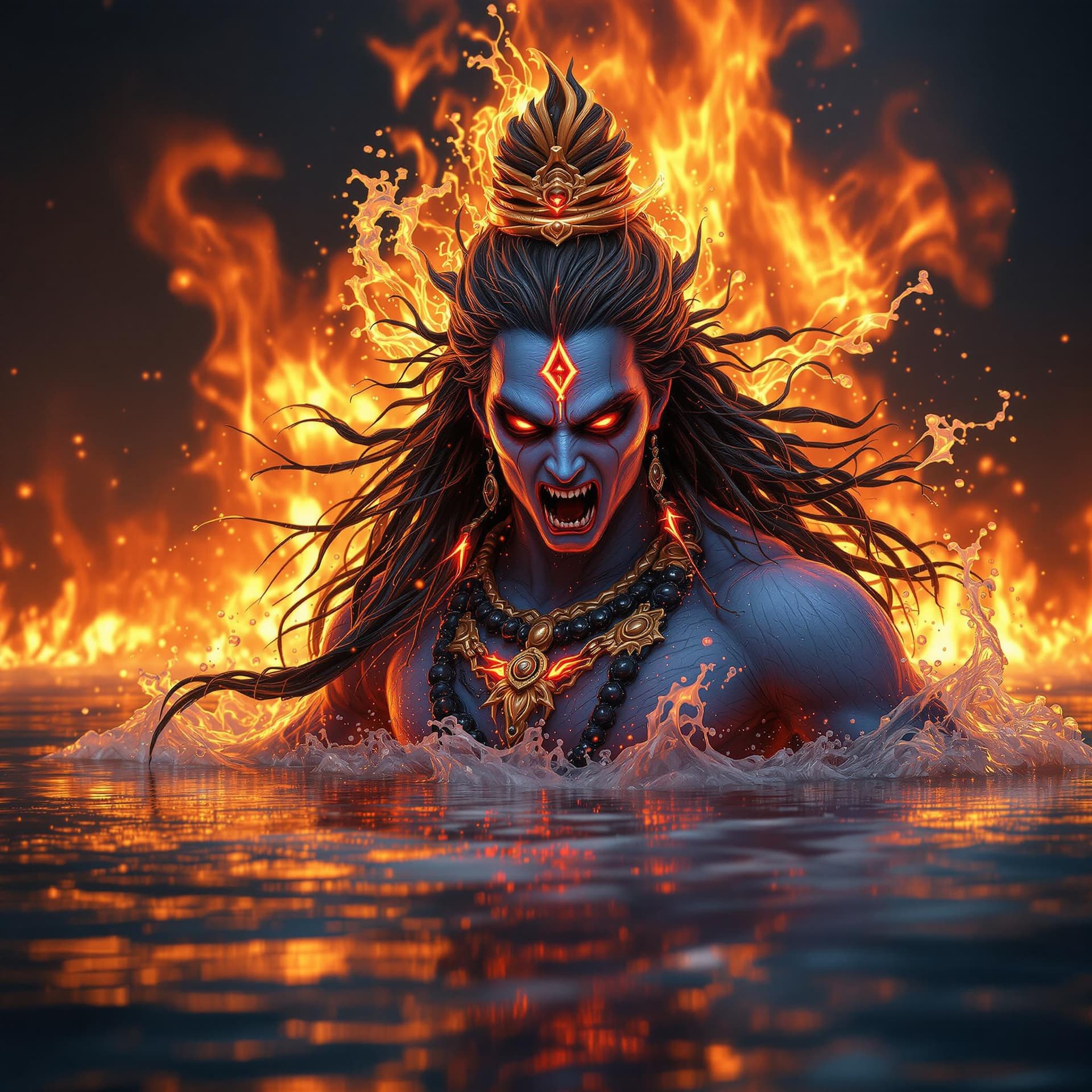AI generated: POWERFUL scary look Lord Shiva made of water, fire background hyperdetailed, great photo, contrastin...