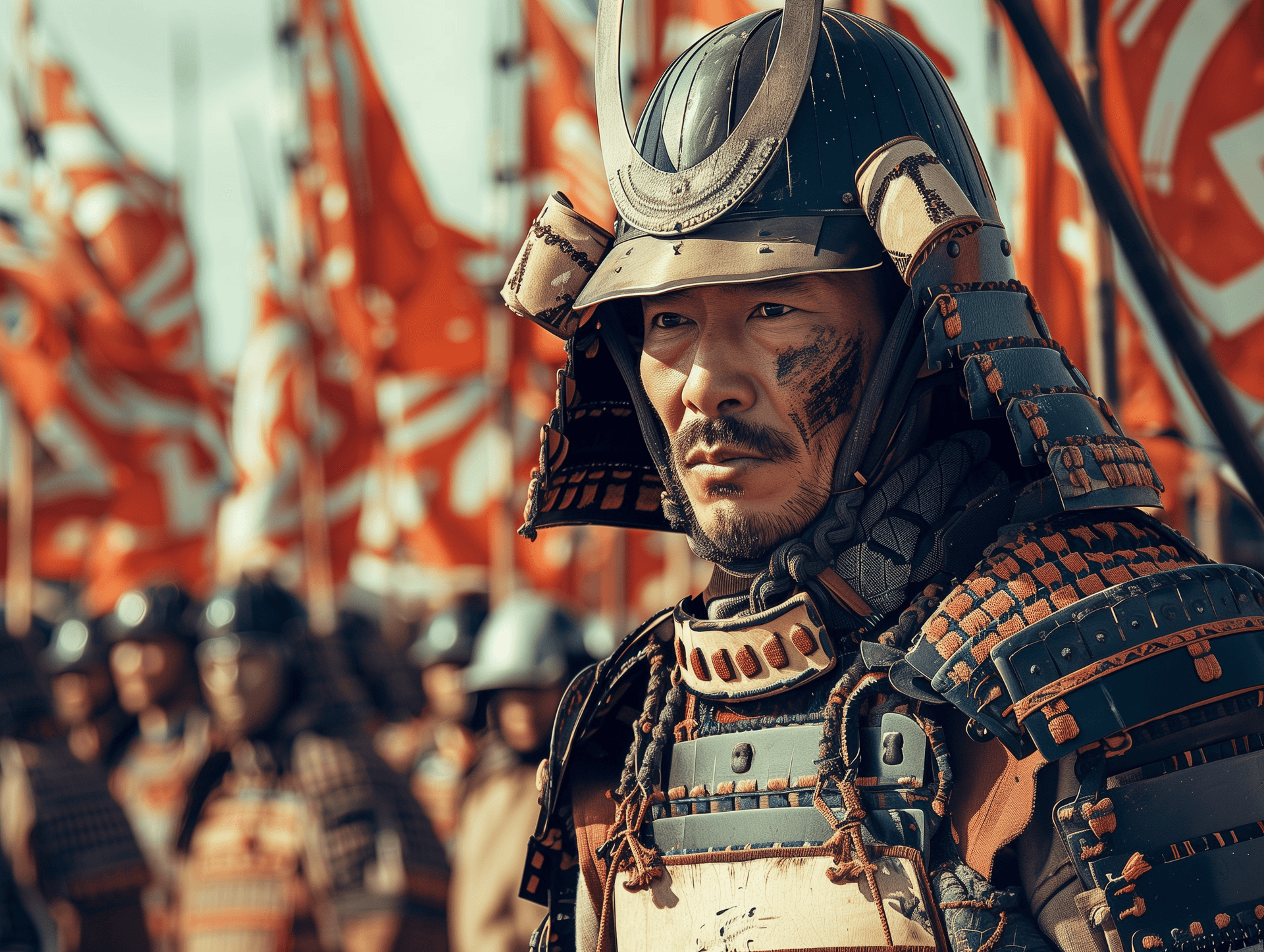 AI generated: a bright saturated photo against the background of the 1600s Japanese army 4k ultrarealism realistic
