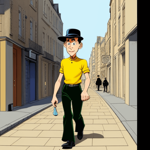 AI generated: youg boy walking in the street, in the style of hergé, perfect coloring