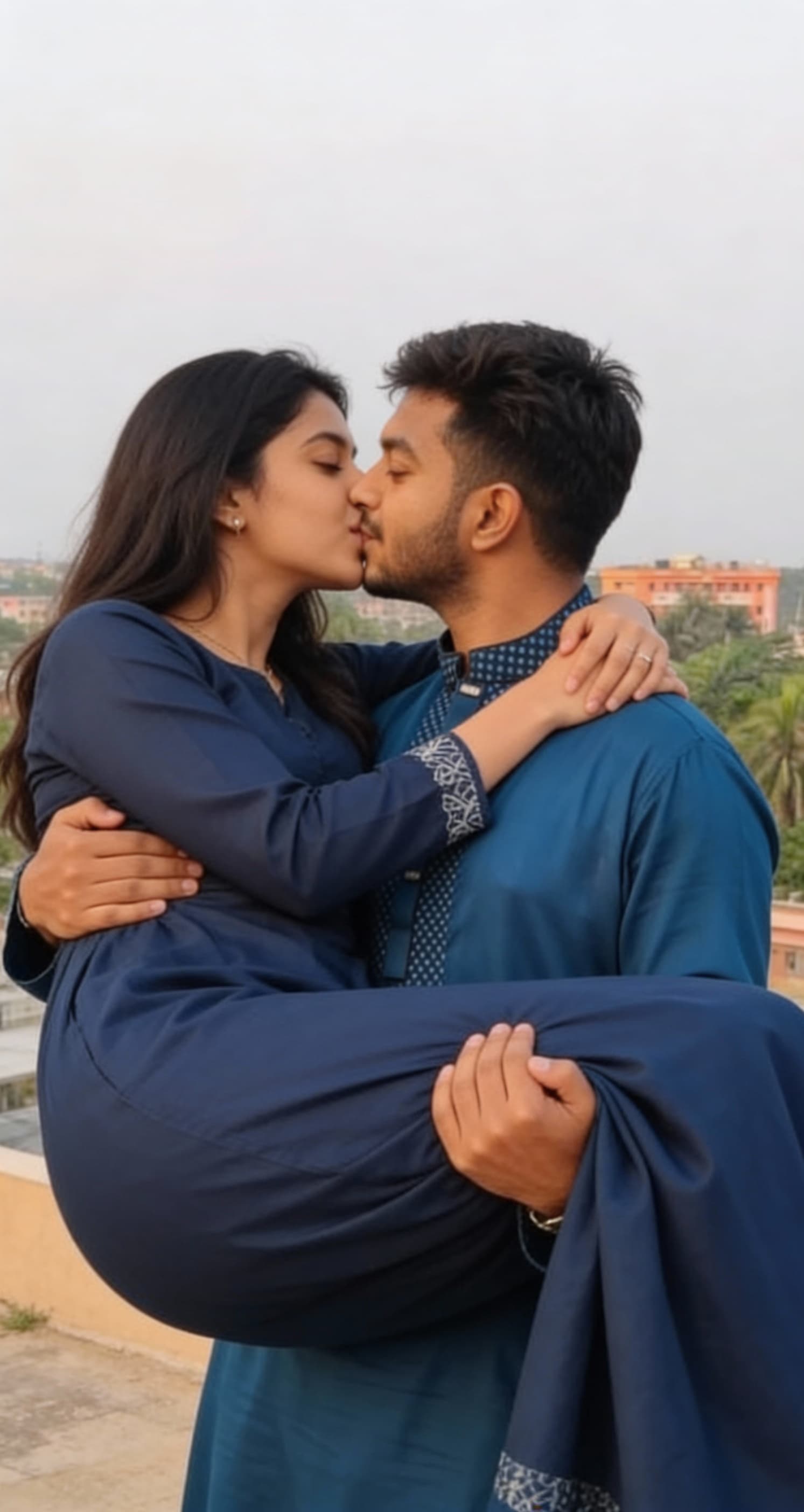 AI generated: The man lifting the women on his arms and kissing the lips