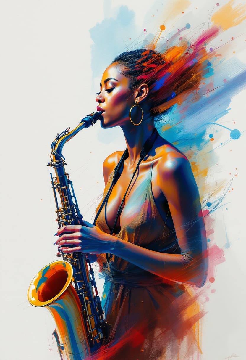AI generated: Sketch Art, Beautiful Colored Pencil Line, Artistic Brush Strokes, Beautiful, Saxophone Woman, Open ...